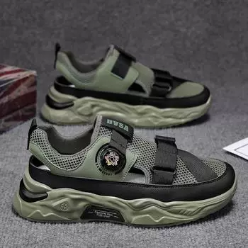 2025 Summer Sandals Men Rotating Buckle Slippers Comfortable Beach Shoes Lightweight Anti-slip Mesh Hollow Sneakers Men 39 хаки