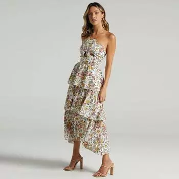 2025 summer sleeveless oblique shoulder elegant print layered V-neck dress casual print dress XS