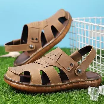 2025 Summer Slippers Men s Casual Foot Shoes Large Size Casual Sandals Top Layer Outdoor Beach Shoes Shoes 38 чёрный