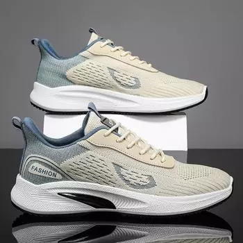 2025 summer sports shoes men s platform casual running shoes fashionable breathable fly-woven mesh dad shoes live broadcast explosion 39 бежевый