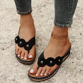 2025 summer style herringbone wedge solid color casual flower slippers women s large size 36 чёрный