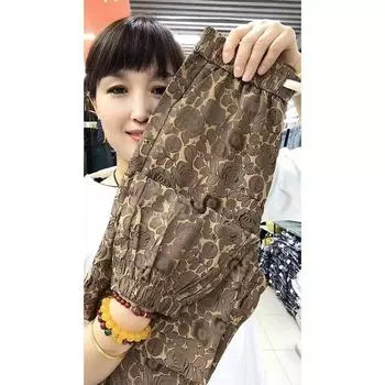 2025 Summer Thin Casual Pants Women s K-style Loose Tappered Cropped Pants High Waist Print Ice Silk Outerwear Harem Pants Khaki M