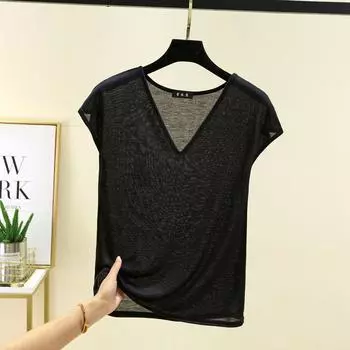 2025 Summer V Neck Sleeveless Tops Women s Minimalist Inner Match Thin Pure Color Bottoming Shirt Plus Size Loose-Fitting Casual T-shirt Black 2XL (65.00 kg-72.50 kg recommended