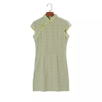 2025 Summer Women clothes Chinese Style Retro Color Matching Plaid Elegant Stand Collar Buckle Slim fit Slimming Dress Green grid S