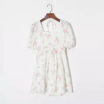 2025 Summer Women clothes Fresh Print Sweet Square Collar Puff sleeve Sexy Backless Lace-up High Waist Younger Dress Print S