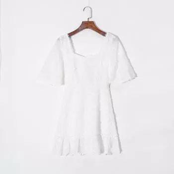 2025 Summer Women clothes Fresh Solid Crochet Sweet Square Collar Pullover Short sleeve High Waist Slim fit Frill Dress White S