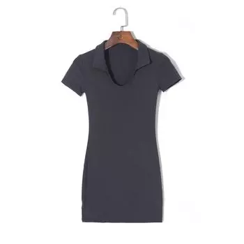 2025 Summer Women clothes Simple Solid Elegant Flanging round Neck Pullover Short sleeve Slim fit Elastic Comfortable Dress Carbon ash S