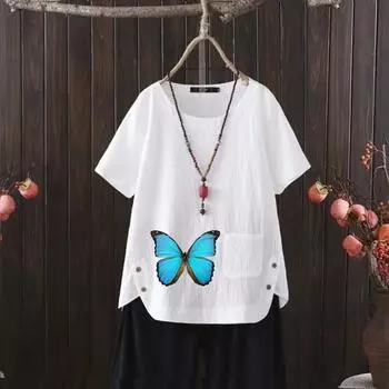 2025 Summer Women s Butterfly Print V-neck Cotton Hemp T-shirt - Trendy & Comfortable S белый