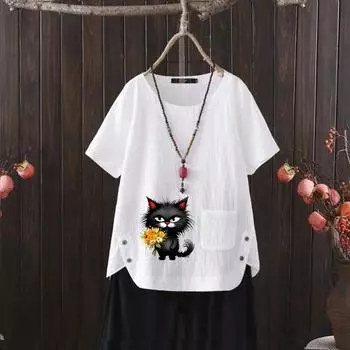 2025 Summer Women s Cat Print V-neck Cotton Hemp T-shirt - Casual & Playful S белый