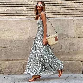 2025 summer women s clothing elegant printing elastic strap skirt vacation style French floral suspender long dress S