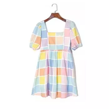 2025 Summer Women s Clothing Fresh Colored Plaid Sweet Square Collar Pullover Puff Sleeves High Waist Slim Looking Youthful-Looking Dress Rainbow color S