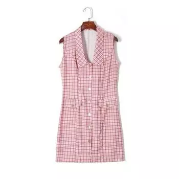 2025 Summer Women s Clothing K-style Color Matching Plaid Elegant Lapel Single Breasted Loose Slimming Youthful-Looking Sleeveless Vest Dress Pink lattice S