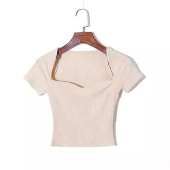 2025 Summer Women s Clothing K-style Minimalist Pure Color Elegance Square Collar Pullover Short Sleeve Silm Stretch Plaid Short T-shirt Milk Tea S