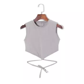 2025 Summer Women s Clothing K-style round Neck Pullover Sleeveless Silm Stretch Plaid Short All-Match Sexy Lacing Vest Grey M
