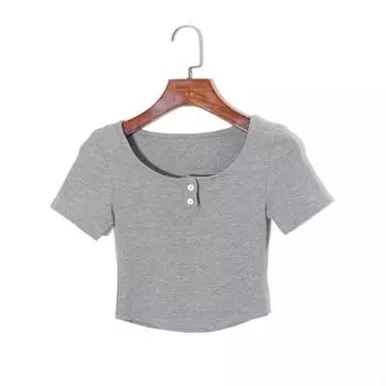2025 Summer Women s Clothing K-style Minimalist Pure Color round Neck Pullover Short Sleeve Silm Stretch Plaid All-Matching Short T-shirt Grey S