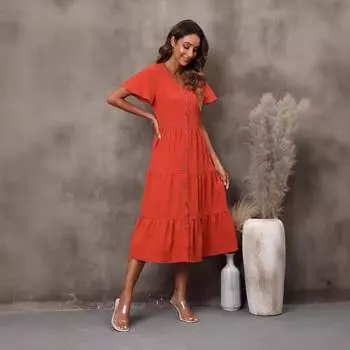 2025 summer women s new V-neck short-sleeved dress cardigan medium and long dress S кирпич красный