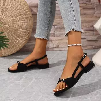 2025 Summer Women s Sandals Fashion Soft-soled Flip-flops Trendy Solid Color Flat Sandals Outdoor Non-slip Walking Slippers 35 чёрный