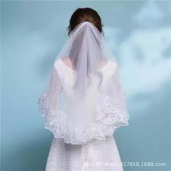 2025 Свадебные аксессуары Короткая свадебная фата белого цвета слоновой кости Однослойная свадебная фата Аппликации с кружевным краем 150cm красный