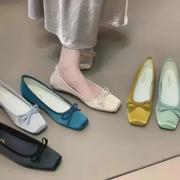 2025 Sweet Style балетки с квадратным носком и бантом - женские туфли без застежек с неглубоким носком