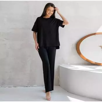 2025 Свободный крой, простой однотонный повседневный костюм для женщин, весна-осень, новая фактура, эластичная талия, одежда для сна, женский комплект с широкими брюками S чёрный