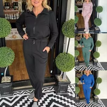 2025 Свободный повседневный комбинезон на молнии с длинными рукавами и воротником-поло для женщин S чёрный