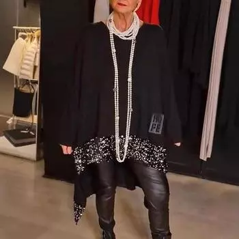 2025 Свободный топ без подола с круглым вырезом и длинными рукавами L чёрный