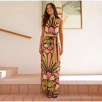 2025 Темперамент Летние женские платья без рукавов Пуловер Длинный жилет Винтажный принт Модные женские свободные длинные платья на бретельках S зелёный