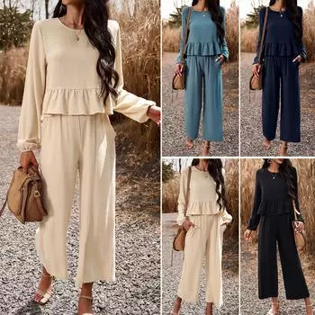 2025 Темперамент Повседневный костюм Однотонный топ с длинными рукавами Свободные брюки S