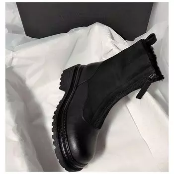2025 Теплые плюшевые ботинки Женская зимняя обувь Челси Платформа Повседневные женские ботильоны Круглый носок Мех Готические боты 35 чёрный