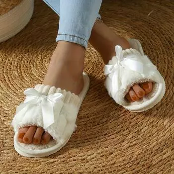 2025 Теплые тапочки с бантовым декором, повседневная обувь с открытым носком, удобные домашние тапочки 36-37 белый