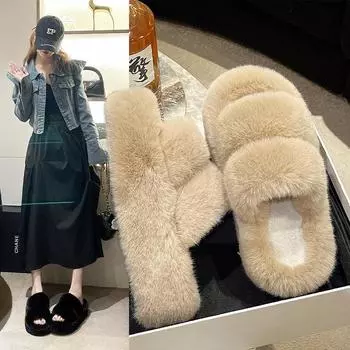 2025 thick-bottomed fluffy slippers women s autumn and winter double strips foreign trade large size flat bottom one word thick bottom 34