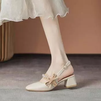 2025 thick heel new high heels beautiful skirt middle heel bag head sandals summer wear French fairy style 35