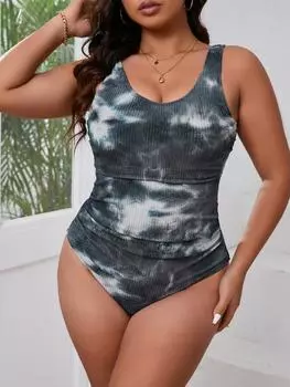 2025 Tie Dye купальник женский цельный большой размер плюс бретельки купальники женские купальные костюмы для купания купальный костюм пляжная одежда 0XL серый
