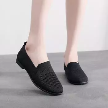 2025 тканевые туфли женские однотонные сетчатые туфли летающие плетеные повседневные туфли для мам с круглым носком и плоским дном рабочие туфли с одной педалью 35 чёрный