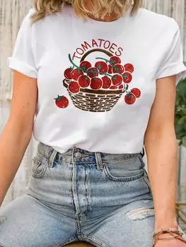 2025 Tomato Basket Милая футболка с принтом с короткими рукавами и круглым вырезом Летний чистый повседневный топ Женская модная одежда S