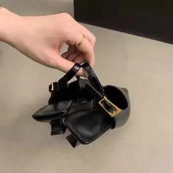 2025 тонкий низкий каблук темперамент мягкая кожа острый сказочный простой повседневный мешок голова сандалии одинарные туфли ремешок сзади маленькие кожаные туфли 35 чёрный