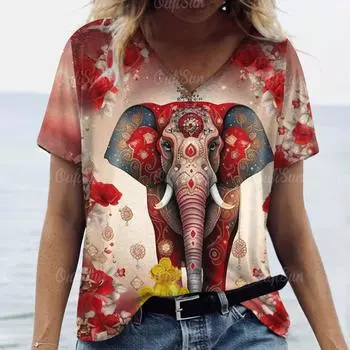 2025 Топ Женская футболка с принтом слона Женская футболка большого размера Летняя женская одежда Футболки с V-образным вырезом и принтом животных Женская мода S