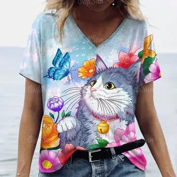 2025 Топ Женская Милая Футболка с Принтом Кота Женская Футболка Большого Размера Дизайнерская Женская Одежда Большие Футболки С Коротким Рукавом Блузка XXXXL S
