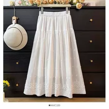 2025 Тяжелая промышленная юбка с вышитым кружевом и цветком А-образного силуэта, эластичная талия, затягивающийся шнурок, плиссированная белая юбка с трехмерным цветком one size fits all белый