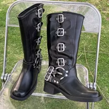 2025 Trend Chelsea Women Boots Knee High Heels Boots Shunky Shoes Winter New Casual Goth Motorcycle Boots Luxury Fashion Botas Mujer 35 чёрный