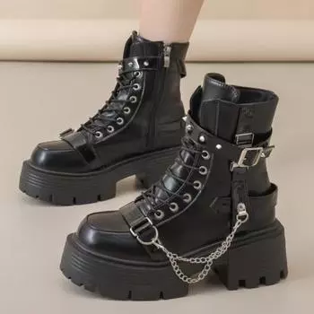 2025 Тренд Женские Ботильоны на Платформе Плоские Ботинки Для Зимы Повседневная Кожаная Обувь Новые Кроссовки Роскошные Ботинки-Гладиаторы Мотоциклетные Ботинки Женские 35 чёрный