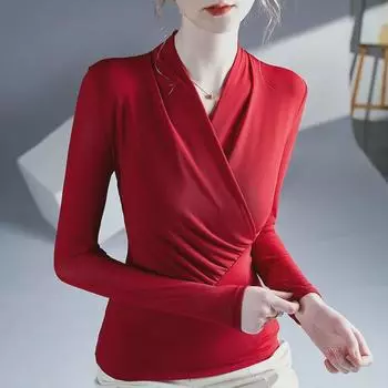 2025 Трендовая футболка с V-образным вырезом и длинными рукавами — стильная и сексуальная для весны и осени 3XL вишня/красный