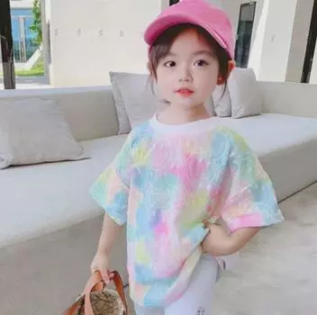 2025 Трендовые футболки с короткими рукавами в стиле тай-дай для девочек - Модные летние топы для младенцев и детей 130 cm розовый