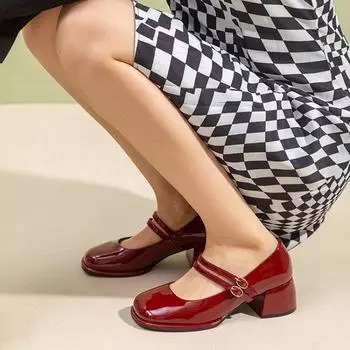 2025 Туфли Мэри Джейн на высоком каблуке для женщин в стиле ретро с квадратным носком и толстым каблуком, одинарные туфли, весна-лето, новые модные туфли для вечеринок 35 чёрный