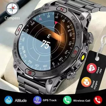 2025 Уличные военные фонарики GPS Смарт-часы Man AMOLED HD экран Heart Rate BT Call 5ATM водонепроницаемые умные часы Silicone strap чёрный