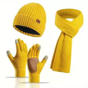 2025 Unisex 3-Piece Winter Hat Gloves Scarf Set, Knitted Fabric, Elastic, Hand Washable, Thick Warmth Outdoor Wear, Candy Color, Ideal for Couples