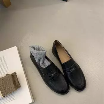 2025 универсальные кожаные туфли в британском стиле на низком каблуке с одной педалью, удобные мокасины с круглой головкой и мягкой подошвой 35