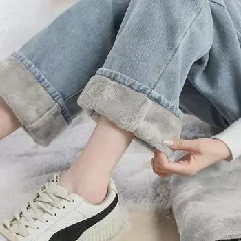 2025 Утолщенные плюшевые джинсы для девочек с широкими штанинами на осень/зиму — младшие классы средней школы L