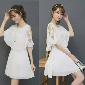 2025 Весеннее шифоновое платье с открытыми плечами и рукавами в виде листьев лотоса - юбка феи белого цвета средней длины для женщин L (105-120 lbs) белый