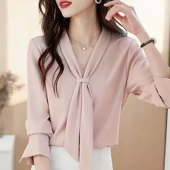 2025 Весенняя мода Блузки Рубашки Длинный рукав Воротник-бант Офисная женская розовая шифоновая блузка Рубашка Женские топы J767 S